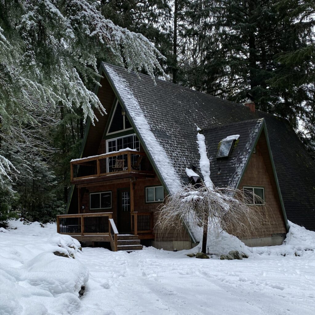 A snowy cabin in the woods.