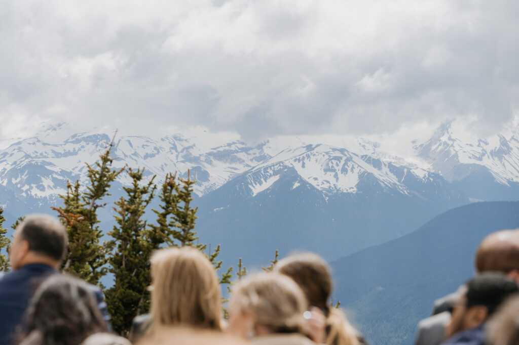 A view of the wedding guest at the Mt. Rainier Platform waiting for the ceremony to start. 