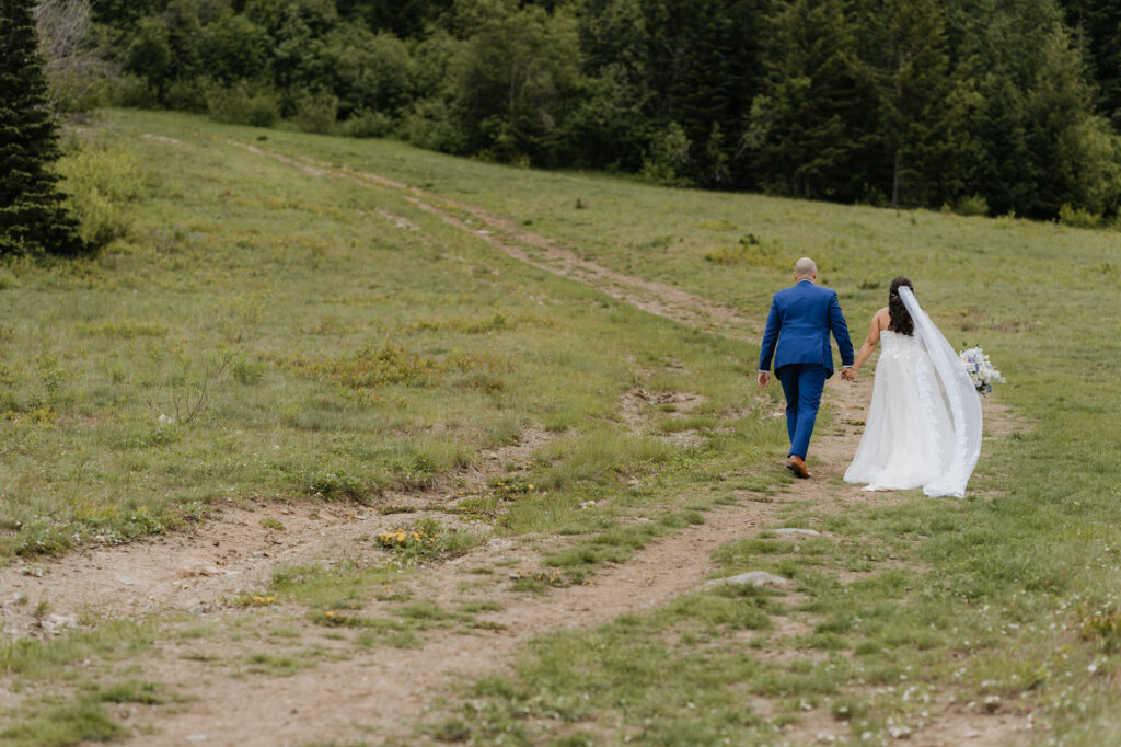 A bride and groom hold hands while walking up the hillside at Crystal Mountain on their wedding day. Their backs are facing the camera. 