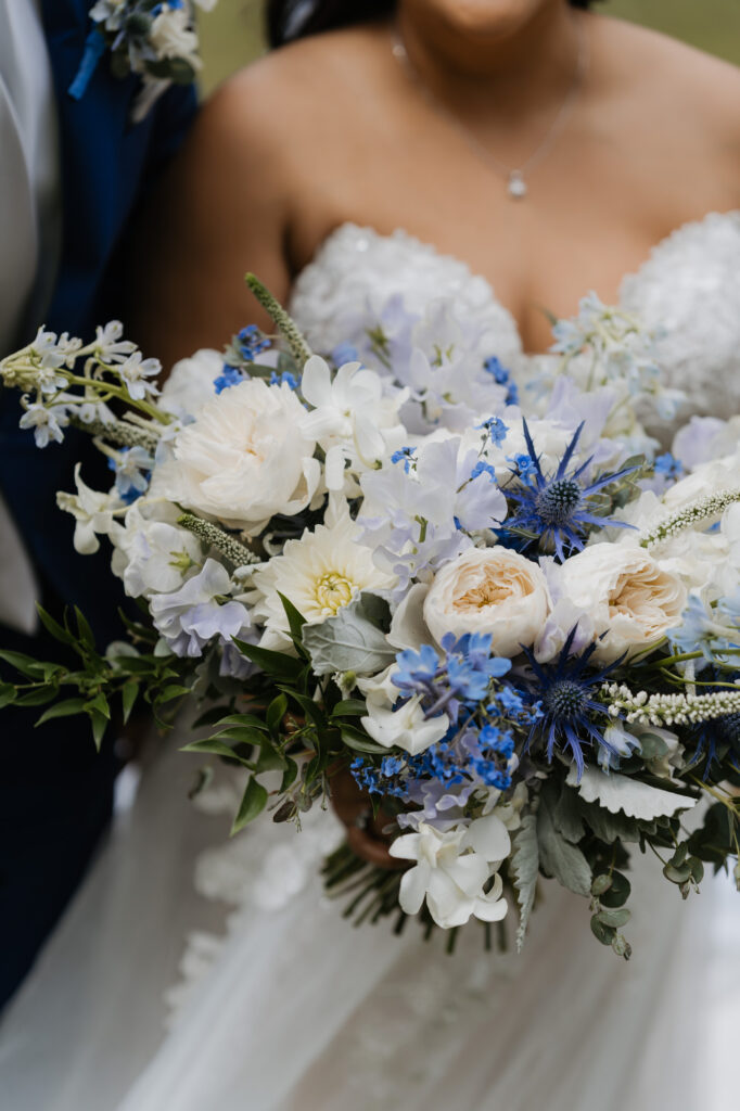 A close up photo of the bride's bouquet on her wedding day near Mt. Rainier. 