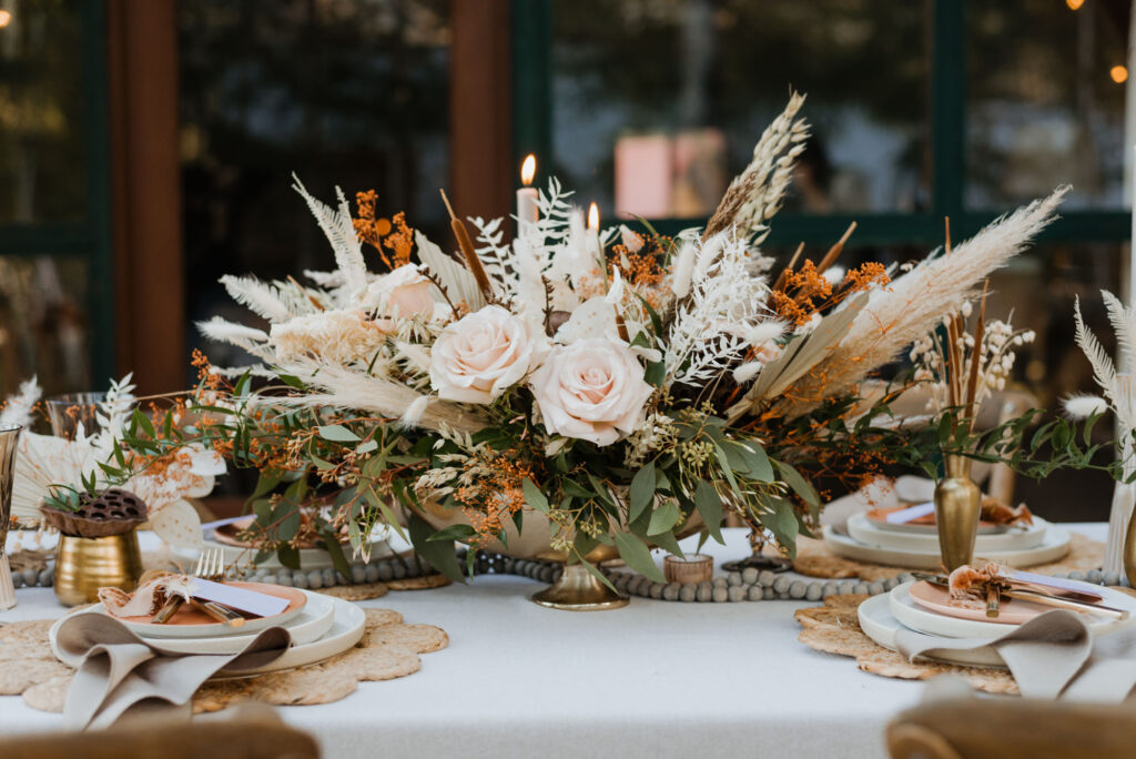 A flower arrangement at a table for a Washington elopement in Packwood